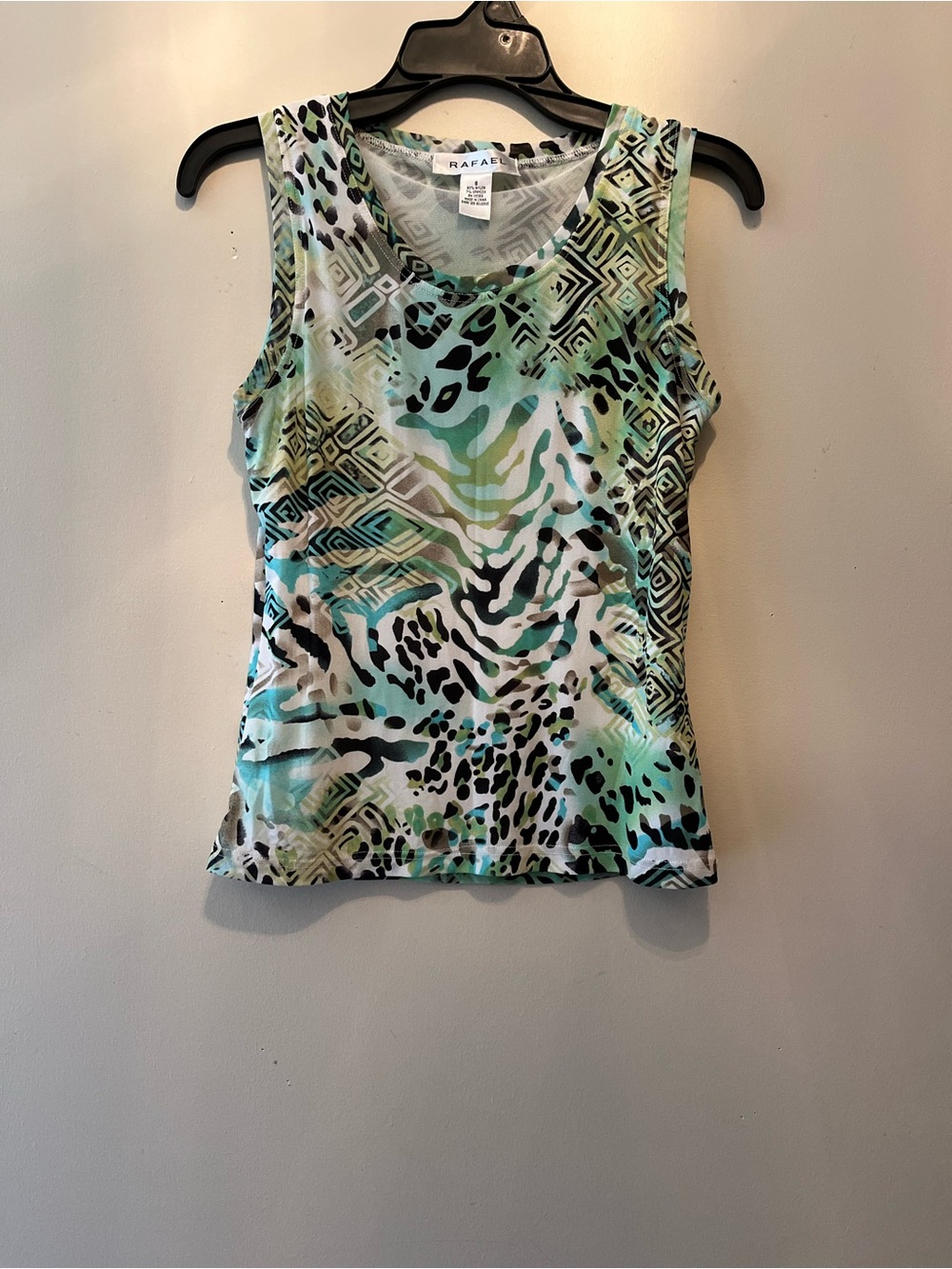 Vintage Y2K RAFAEL Aqua Green Black White Printed Tank Top size small